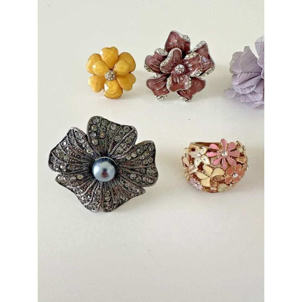 Rings Flowers Lot Crystals Statement Pink Yellow Grey Purple Floral Set of 6 Pc